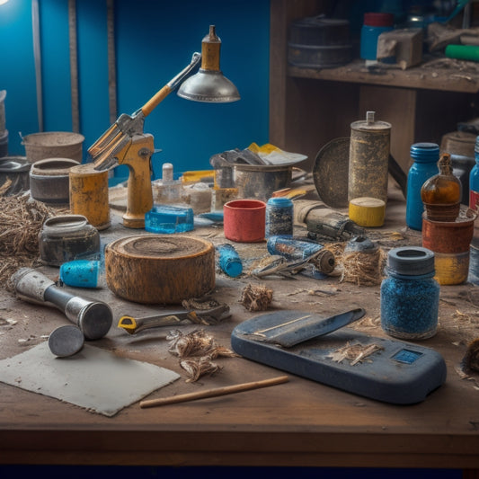 A cluttered workshop table with a variety of tools and materials, featuring a cordless drill, caulk gun, putty knife, and epoxy resin, surrounded by wood shavings and scraps.