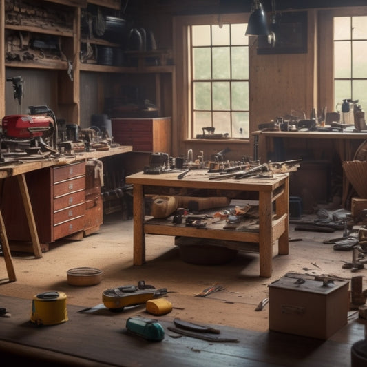 A cluttered workshop with various floor finishing tools scattered on a wooden workbench, surrounded by wooden planks, sawdust, and a half-finished hardwood floor in the background.