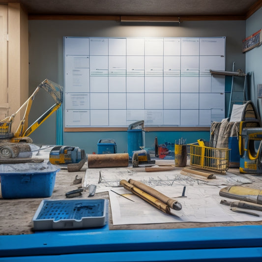 A tidy, well-organized construction site with a prominent calendar on a clipboard, surrounded by essential tools like a hammer, level, and blueprints, amidst a partially renovated room with exposed wiring.
