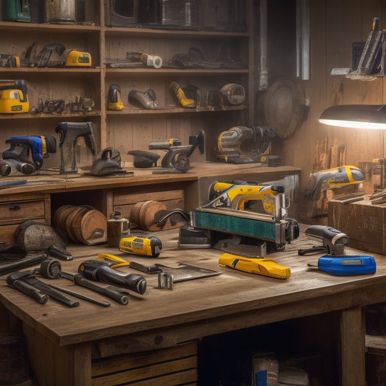 A cluttered workbench with various power tools, including a circular saw, drill, and impact driver, with safety goggles and a first aid kit prominently displayed in the foreground.