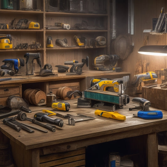 A cluttered workbench with various power tools, including a circular saw, drill, and impact driver, with safety goggles and a first aid kit prominently displayed in the foreground.