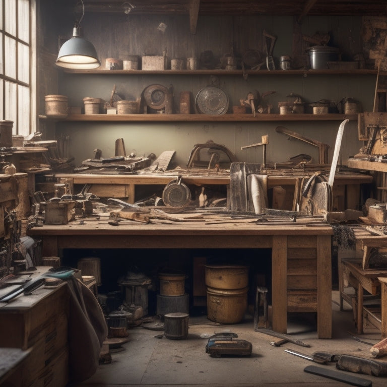 A cluttered DIY workshop with various saws scattered on a wooden workbench, surrounded by half-assembled furniture, tools, and renovation materials, with a subtle background of a partially renovated room.