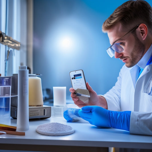 A photo of a person in a lab coat holding a device that measures adhesive strength, with a sample of a construction material in the background, such as drywall or wood, with various testing equipment and tools scattered around.