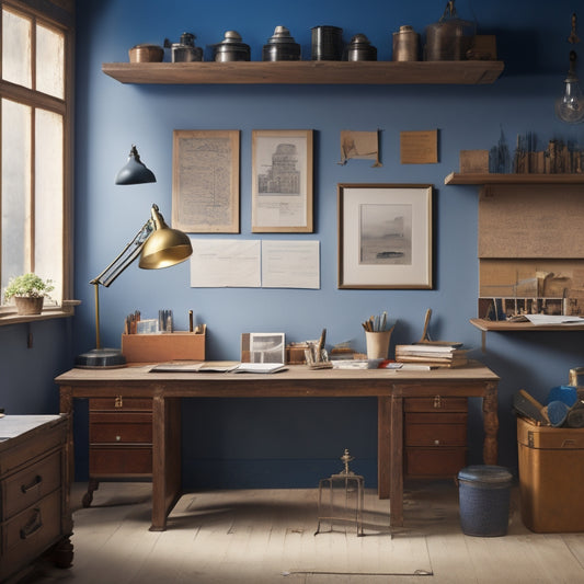 A serene, well-organized workspace with a partially renovated background, featuring a large wooden desk with a rolled-out blueprint, a few scattered paint swatches, and a single, gleaming hammer.