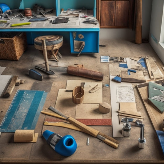 A cluttered but organized workspace with various flooring installation tools, such as a mallet, trowel, and knee kicker, surrounded by flooring samples, scattered blueprints, and a measuring tape laid out on a wooden table.