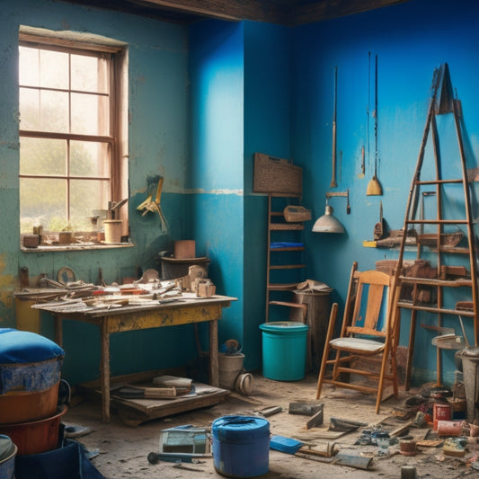 A cluttered room with a worn-out wall, surrounded by renovation tools, paint swatches, and a ladder, with a faint outline of a beautiful, modern living space in the background.