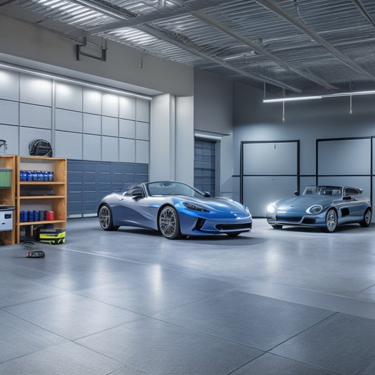 A well-lit, modern garage with a sleek, gray epoxy-coated floor, reflecting light, surrounded by organized toolboxes, a polished sports car, and a few scattered tennis balls, with a subtle gradient effect.