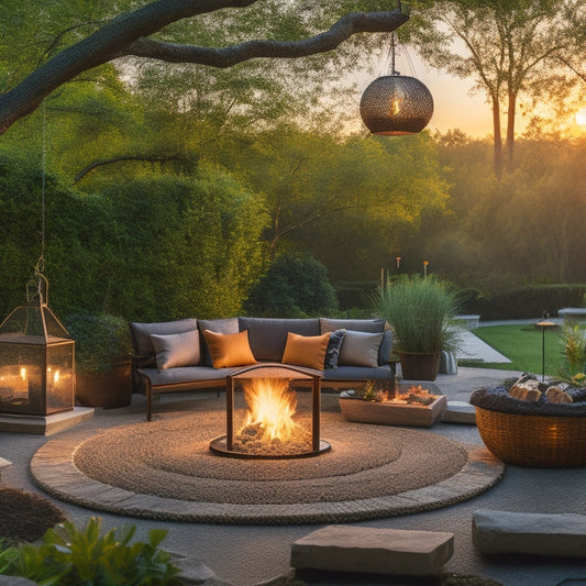 A serene outdoor space with a renovated patio featuring a statement fire pit, surrounded by lush greenery, a hammock, and a few stylish outdoor lanterns, set against a warm sunset background.
