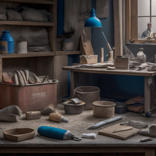 A cluttered workbench with various plastering tools, including a hawk, trowel, joint knife, and sanding block, surrounded by bags of plaster and a half-finished wall with smooth, textured surfaces.