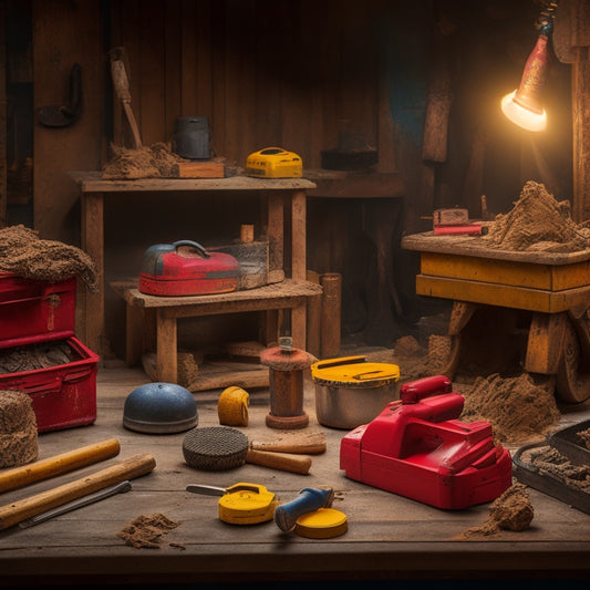 A cluttered workshop background with various tamping tools and blocks scattered around, featuring 5-7 prominent tool brands' products, such as a red-handled Stilson tamping tool and a DeWalt block.