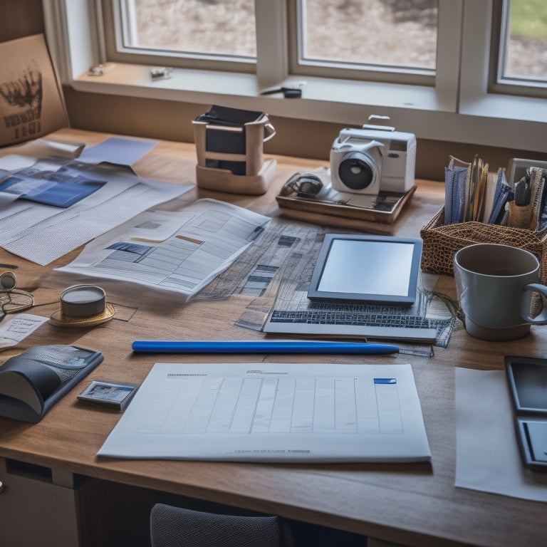 A tidy, well-organized home office desk with a laptop open to an Excel spreadsheet, surrounded by rolled-up blueprints, a tape measure, and a few scattered renovation swatches.