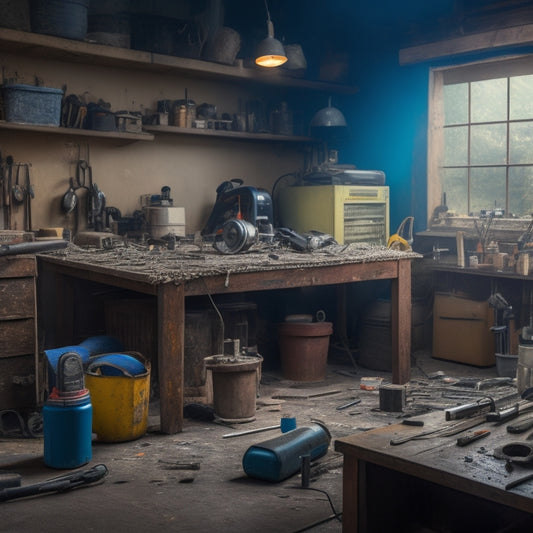 A cluttered workshop with a half-finished renovation project in the background, surrounded by scattered power tools, wires, and broken materials, with a rusty hammer and a bent screwdriver lying prominently in the foreground.