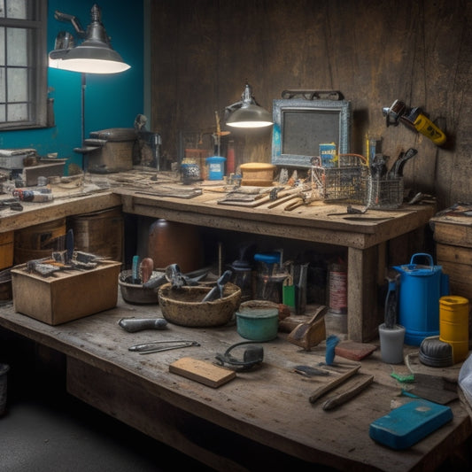 A cluttered but organized workbench with epoxy tools, including a mixing stick, applicator guns, clamps, a scale, and safety goggles, set against a background of half-finished renovation projects.