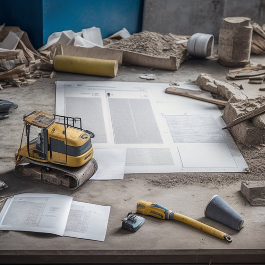 A cluttered construction site with scattered tools, torn blueprints, and a half-built wall in the background, contrasted with a clean and organized clipboard holding a neatly checked checklist in the foreground.