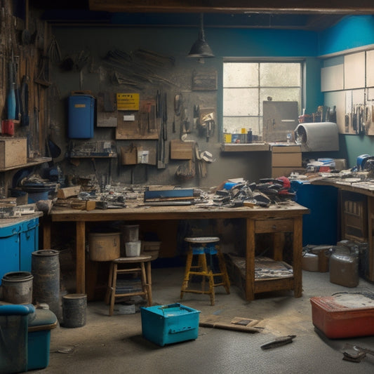 A cluttered block garage with scattered tools and materials, surrounded by renovation plans and budgeting worksheets, with a laptop and calculator in the center, amidst a backdrop of paint swatches and flooring samples.