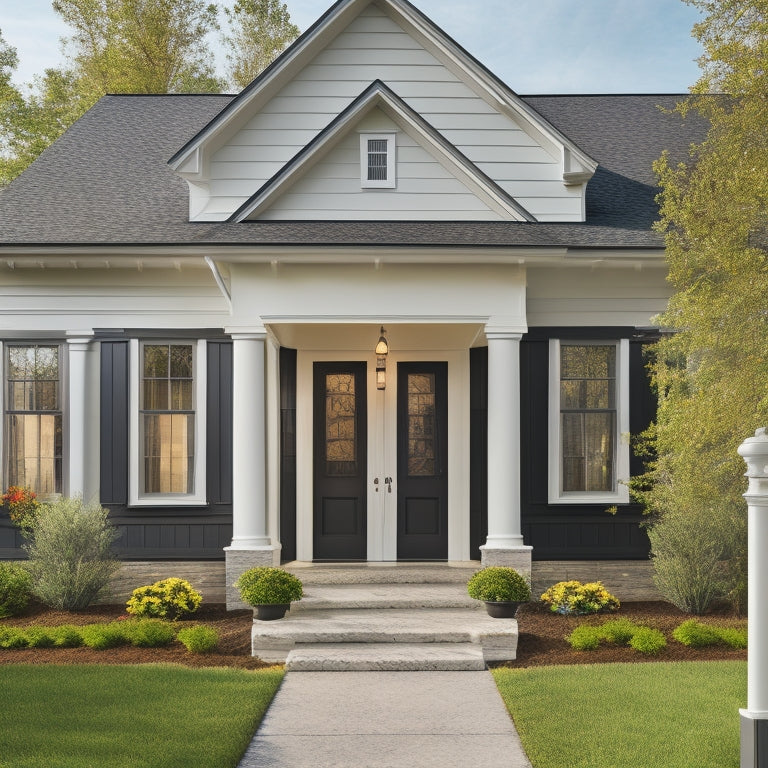 A serene suburban home with a newly renovated facade, featuring crisp white siding, sleek black windows, and a sturdy wooden front door adorned with ornate metal hardware.