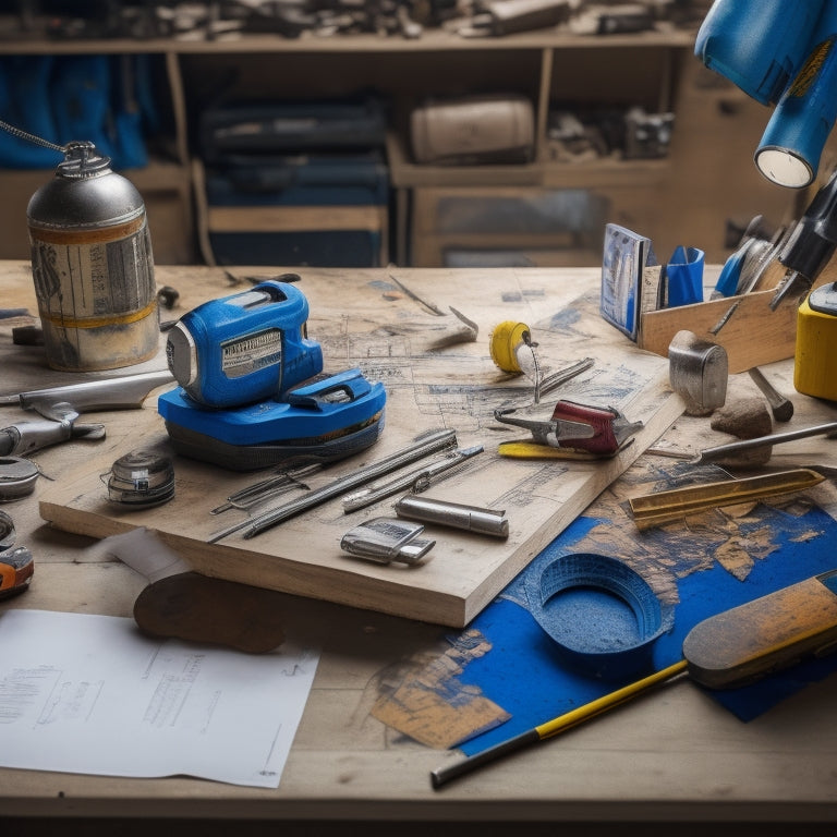 A cluttered but organized workshop table with various renovation tools, including a cordless drill, level, tape measure, hammer, and wrench, surrounded by scattered blueprints and a miniature 3D house model.