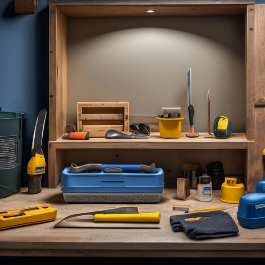 A well-organized toolbox with various wall prep tools, including putty knives, sanding blocks, joint compound, and a level, arranged on a clean workbench with a partially renovated wall in the background.