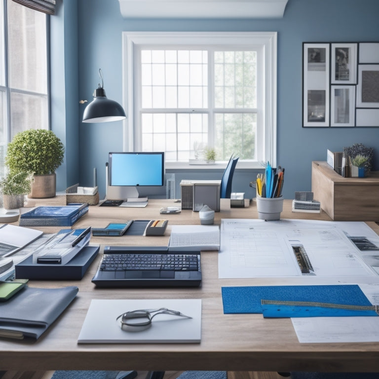 A modern, organized home office with a large desk, a laptop, and a tablet displaying a budgeting app, surrounded by scattered blueprints, pencils, and a tape measure, with a subtle background of a renovation in progress.