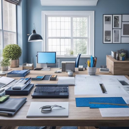 A modern, organized home office with a large desk, a laptop, and a tablet displaying a budgeting app, surrounded by scattered blueprints, pencils, and a tape measure, with a subtle background of a renovation in progress.