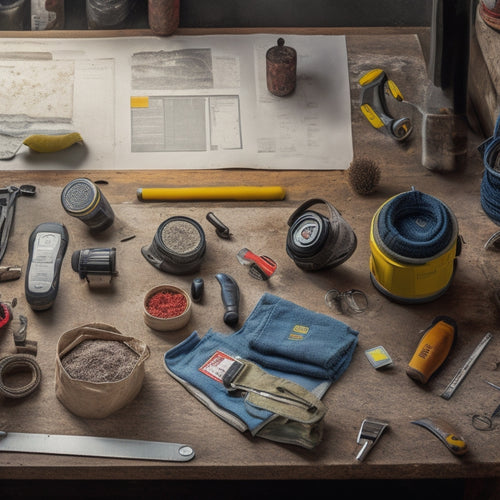 An organized workspace with a variety of finishing tools laid out, including a hammer, tape measure, level, and sandpaper, surrounded by safety gear like goggles, gloves, and a first aid kit.