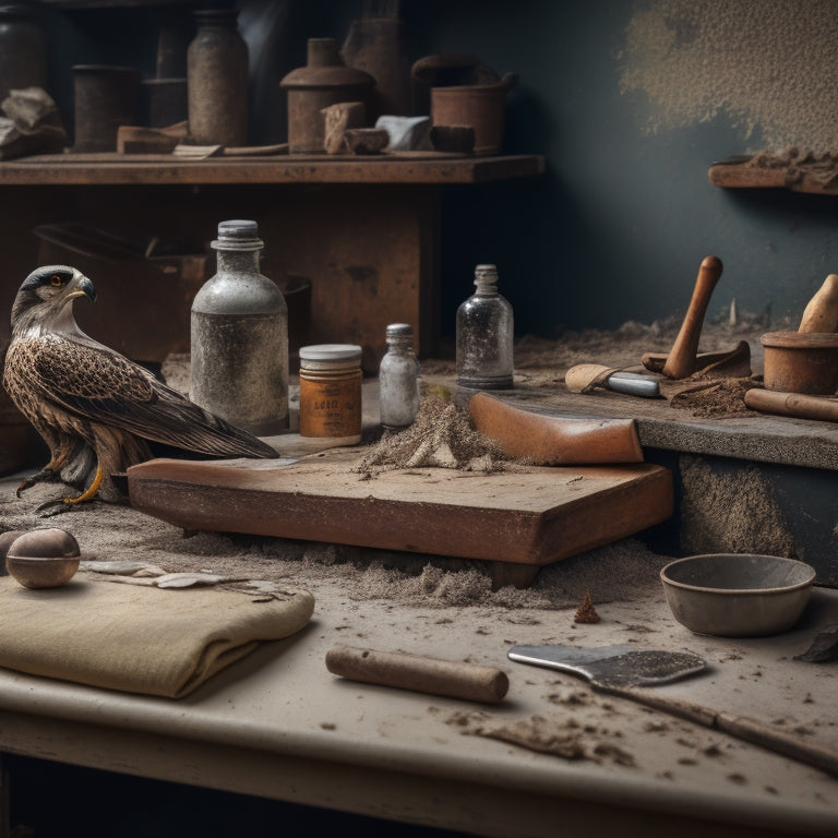 A cluttered workbench with a worn wooden handle trowel, a rectangular putty knife with rusted edges, and a hawk with a crumbly plaster-coated surface, surrounded by scattered plaster crumbs and dust.