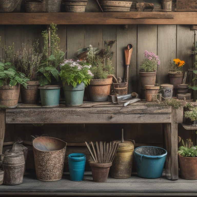 A cluttered workbench with worn, vintage gardening tools scattered alongside refurbished planters, surrounded by potted plants with vibrant blooms, amidst a backdrop of distressed wooden planks and rusty metal shelves.