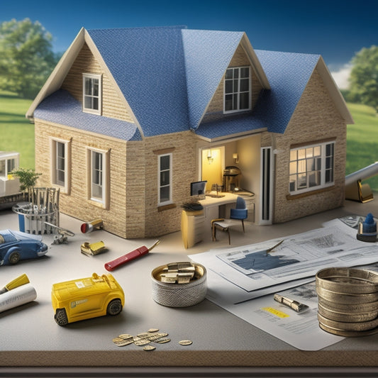 An illustration depicting a house with a partially built addition, surrounded by construction tools, blueprints, and a calendar with marked deadlines, with coins and a piggy bank nearby.