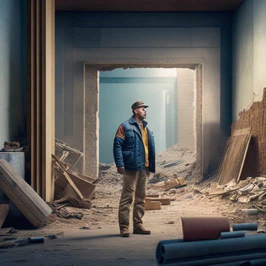 An illustration of a person standing in front of a partially demolished wall, surrounded by architectural plans and tools, with a large lintel above, showcasing various design options and materials.
