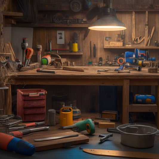 A cluttered but organized DIY workbench with a partially disassembled power drill, scattered wooden planks, and a level, surrounded by scattered tools like wrenches, hammers, and screwdrivers.
