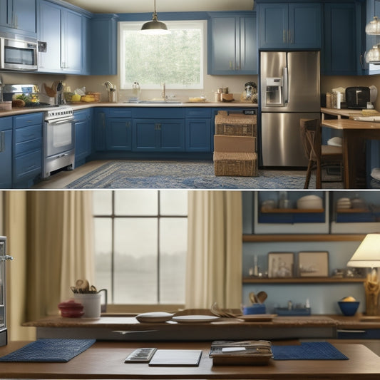 A split-screen image: a blueprints-covered desk with a calculator, pencils, and a laptop on one side, and a renovated kitchen with new appliances and countertops on the other.