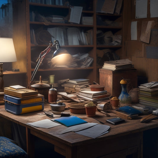 A cluttered, dimly lit room with torn wallpaper, scattered tools, and a half-constructed bookshelf, contrasted with a tidy laptop on a nearby table, open to a well-organized spreadsheet.