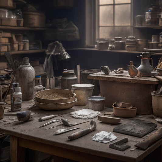 A cluttered, well-lit workshop table with a variety of organized plastering tools, including a hawk, trowel, joint knife, and mixing bucket, surrounded by scattered plaster dust and renovation materials.