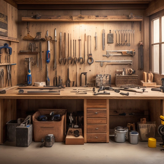 A cluttered but organized DIY workshop with a wooden workbench, rows of neatly arranged power tools, and a pegboard displaying various wrenches, pliers, and hammers, set against a warm, natural wood background.