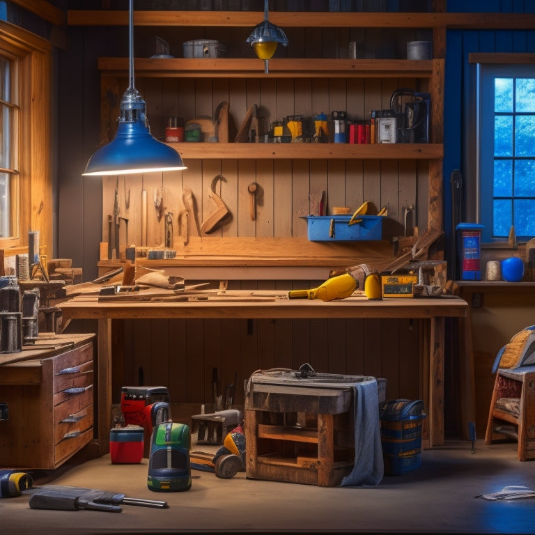 A clutter-free, well-lit workshop with a wooden workbench, surrounded by essential renovation tools, including a cordless drill, level, tape measure, hammer, and paintbrushes, arranged in an organized and visually appealing way.