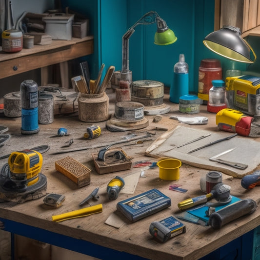 A cluttered, yet organized, workshop table with various tools and materials: a cordless drill, level, tape measure, hammer, safety goggles, paint swatches, and a miniature house model in the center.