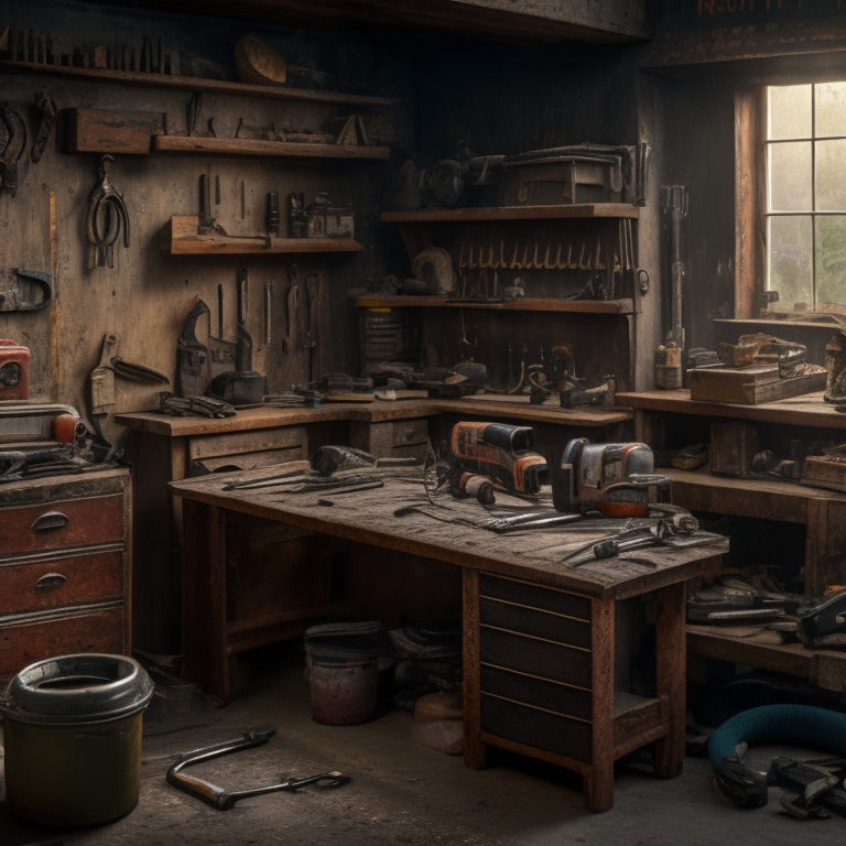 A cluttered workshop with a mix of old and new tools, with a few second-hand tools highlighted: a rusty wrench on a workbench, a refurbished drill on a shelf, and a worn tape measure coiled on the floor.