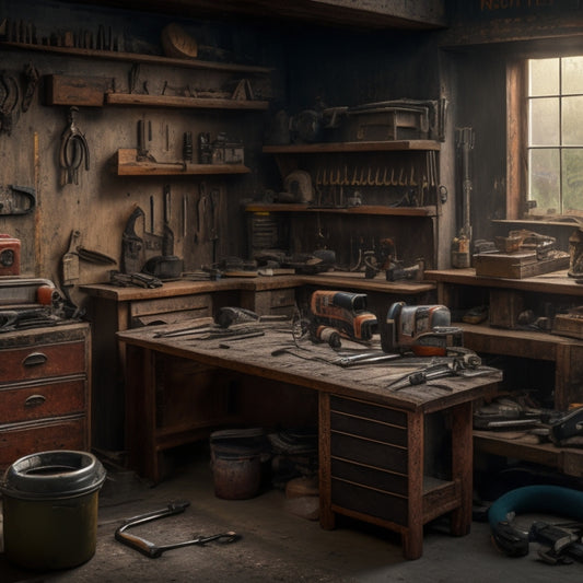 A cluttered workshop with a mix of old and new tools, with a few second-hand tools highlighted: a rusty wrench on a workbench, a refurbished drill on a shelf, and a worn tape measure coiled on the floor.