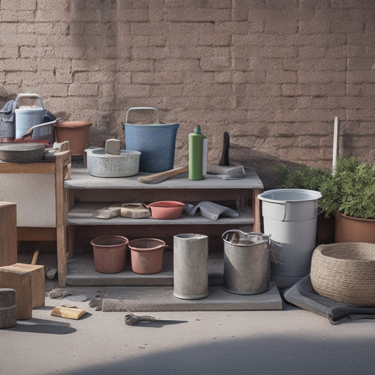 A photograph of a tidy outdoor workspace featuring a cinder block wall with renovation materials and tools scattered around, including a bucket of mortar, trowel, level, and a variety of decorative blocks.