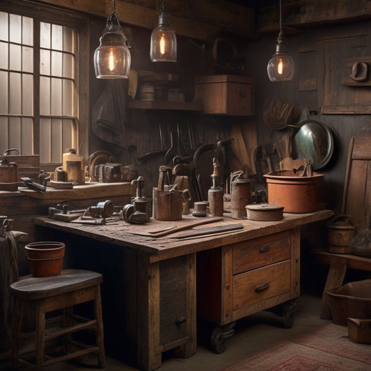 A warmly lit, cluttered workshop with vintage tools and distressed wood accents, featuring a restored antique door as a backdrop, with a wooden workbench in the foreground holding a retro-style level and worn leather toolbox.