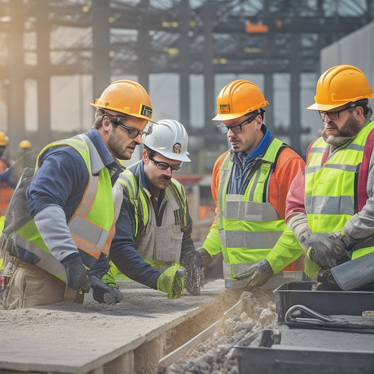 A construction site with workers wearing hard hats, safety glasses, and high-visibility vests, using tools and equipment properly, with clear safety signage and barriers, and a first aid kit visible in the foreground.