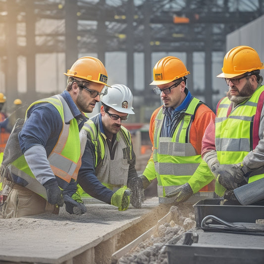 A construction site with workers wearing hard hats, safety glasses, and high-visibility vests, using tools and equipment properly, with clear safety signage and barriers, and a first aid kit visible in the foreground.