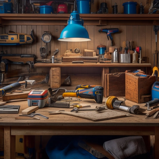 A cluttered workbench with a block of wood, surrounded by various power tool accessories like drill bits, sandpaper sheets, a tape measure, and a level, with a cordless drill in the center.