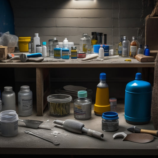 A cluttered workbench with various concrete crack filler tools, including a caulk gun, putty knife, and trowel, surrounded by opened containers of filler products and a partially repaired concrete crack in the background.