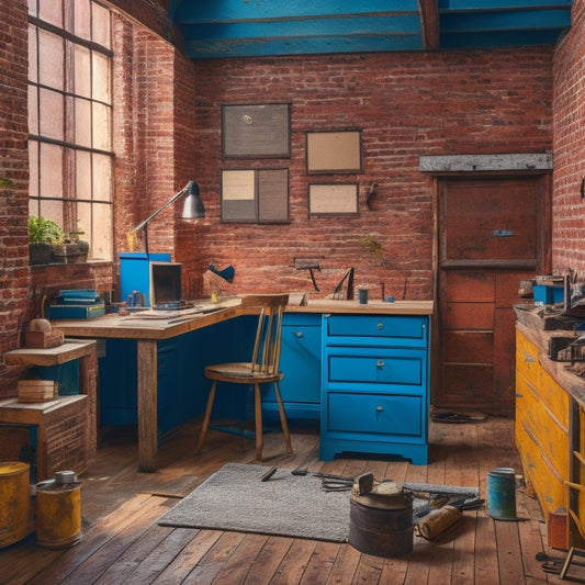 A vibrant workspace showcasing a well-organized toolbench, assorted tools, paint cans, and color swatches, with a partially renovated room in the background featuring exposed bricks and fresh wood flooring.