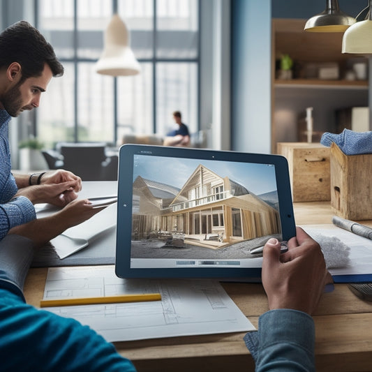 An illustration of a person holding a tablet, surrounded by architectural blueprints and construction tools, with a subtle background of a renovated living room with a modern interior design.