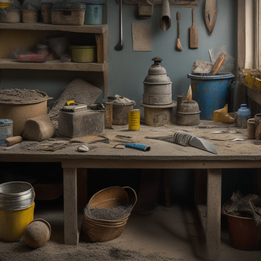 A cluttered workbench with a variety of budget-friendly plastering tools, including a hawk, trowel, joint knife, and mixing bucket, surrounded by scraps of drywall and scattered plaster dust.
