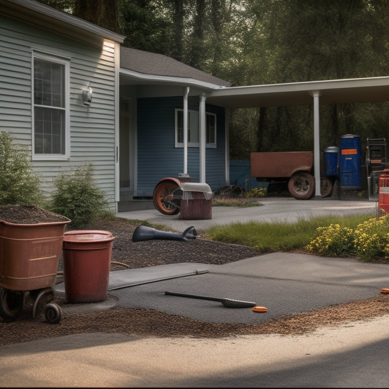 A cluttered driveway with a cracked asphalt surface, overgrown weeds, and a rusty old mailbox, surrounded by various renovation tools and equipment, such as a wheelbarrow, shovel, and power washer.