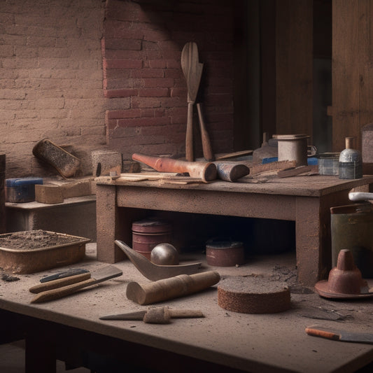 An organized workbench with a variety of hand tools, including a trowel, level, hammer, chisel set, and wire brush, surrounded by scattered brick fragments, mortar, and renovation debris.