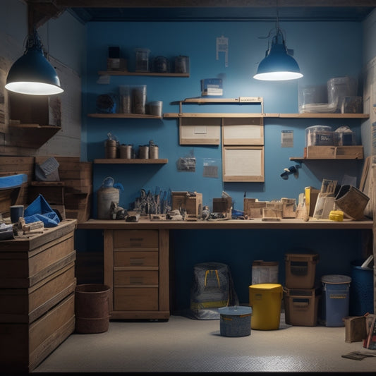 A cluttered renovation site with various storage bins, labeled boxes, and a pegboard with hung tools, surrounded by scattered blueprints and a measuring tape, under a dimly lit construction lamp.